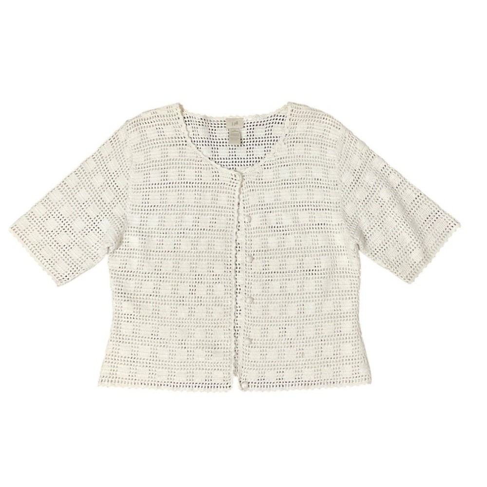 J. Jill Womens White Crochet Short Cardigan Sweater Petite M Elegant Grannycore